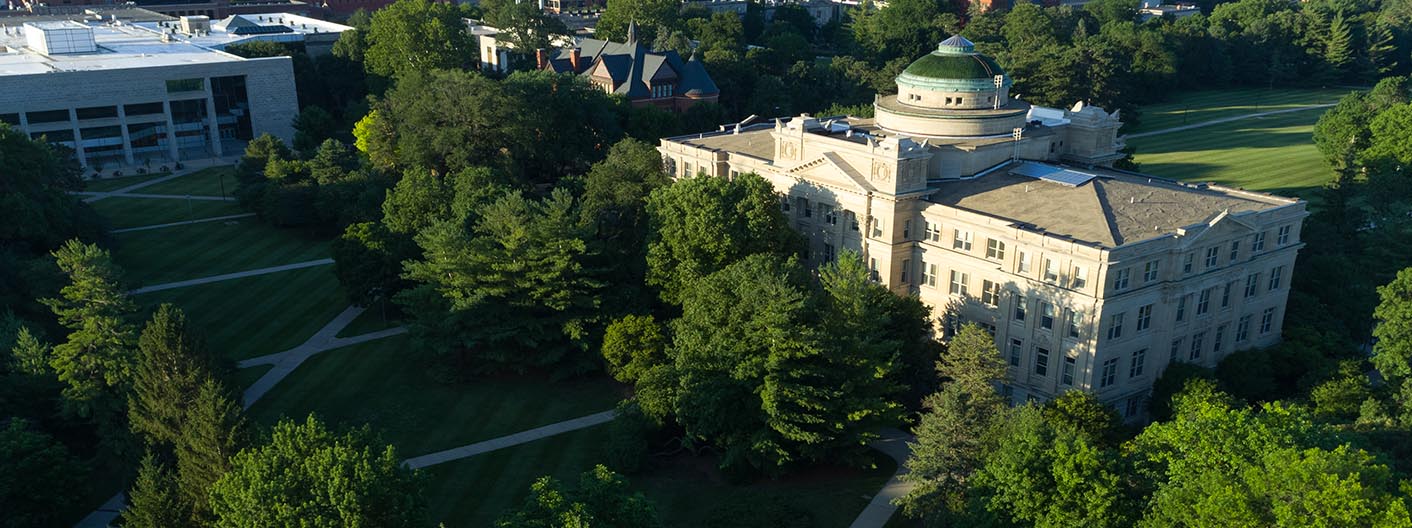 Overhead view of Beardshear Hall on a sunny summer evening