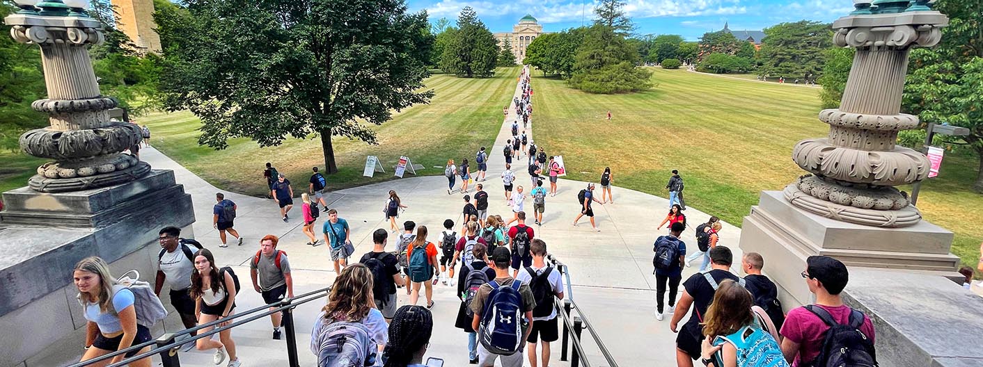 Students on the Curtiss Hall steps with Beardshear Hall and central campus in the background